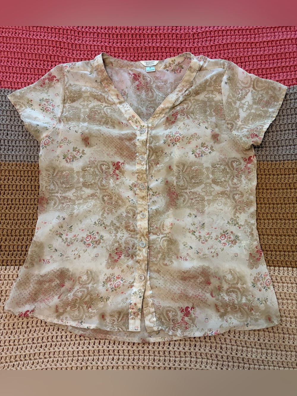 Christopher & Banks Sheer Cream Floral Sequined Short Sleeve Button Front Top